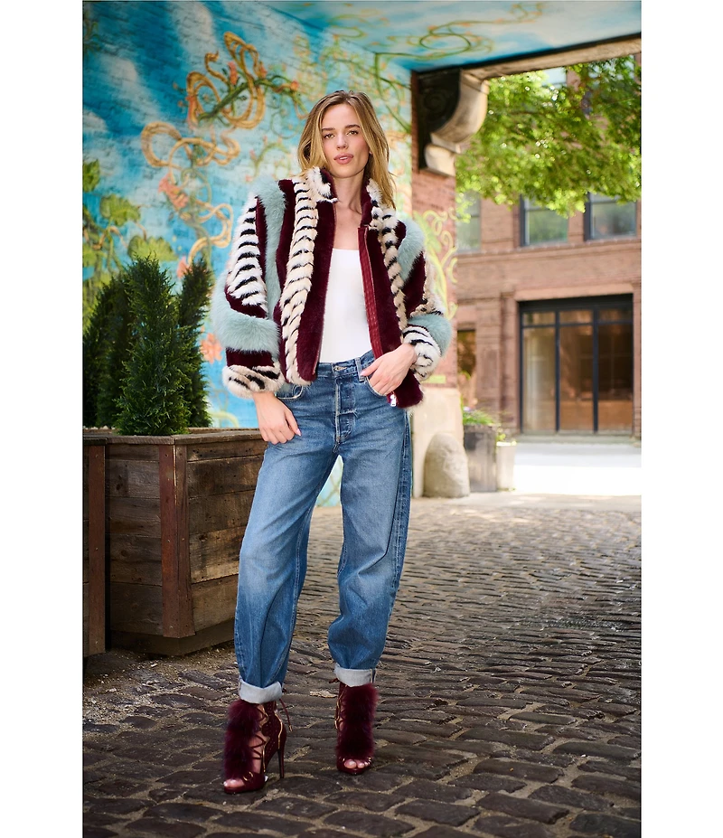 Azalea Wang Inez Striped Faux Fur Collared Filled Statement Jacket