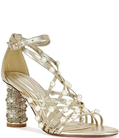 Azalea Wang Jadine Metallic Pearl and Jeweled Heel Caged Dress Sandals