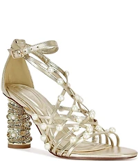 Azalea Wang Jadine Metallic Pearl and Jeweled Heel Caged Dress Sandals