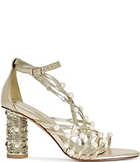 Azalea Wang Jadine Metallic Pearl and Jeweled Heel Caged Dress Sandals