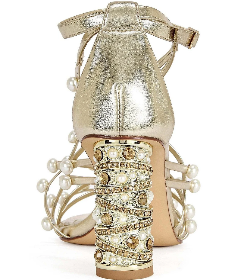 Azalea Wang Jadine Metallic Pearl and Jeweled Heel Caged Dress Sandals