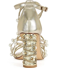 Azalea Wang Jadine Metallic Pearl and Jeweled Heel Caged Dress Sandals