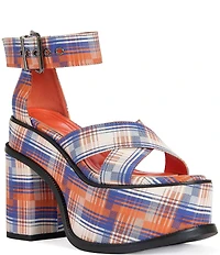 Azalea Wang Jaetyn Plaid Ankle Wrap Platform Block Heel Sandals