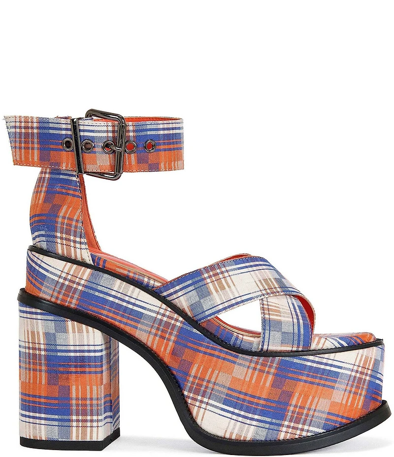 Azalea Wang Jaetyn Plaid Ankle Wrap Platform Block Heel Sandals