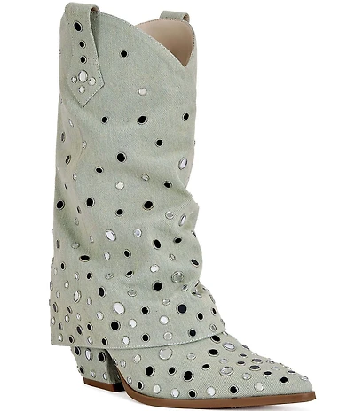 Azalea Wang Jaimy Studded Canvas Foldover Western Booties