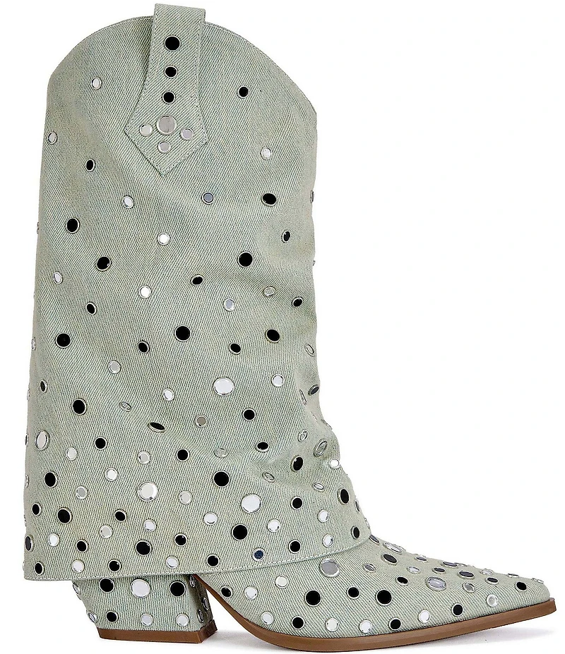Azalea Wang Jaimy Studded Canvas Foldover Western Booties