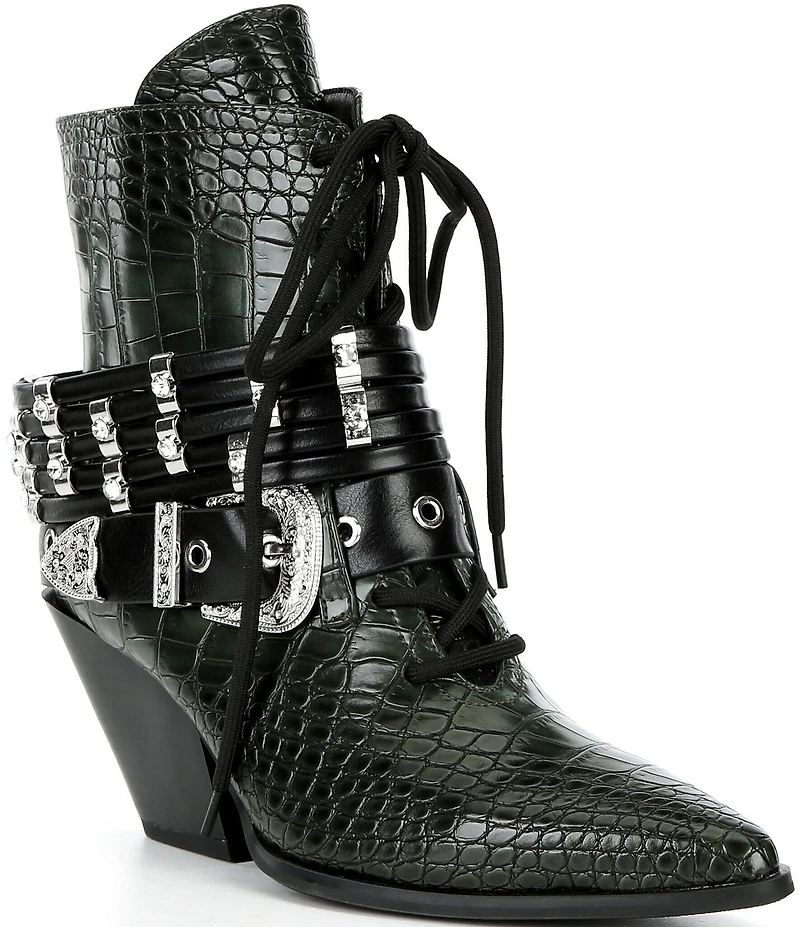 Azalea Wang Javelin Croc Embossed Buckle Harness Hardware Western Booties