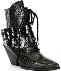 Azalea Wang Javelin Croc Embossed Buckle Harness Hardware Western Booties
