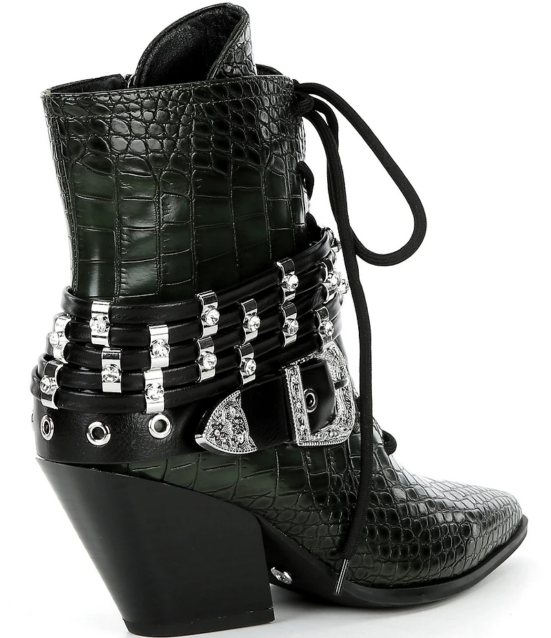 Azalea Wang Javelin Croc Embossed Buckle Harness Hardware Western Booties
