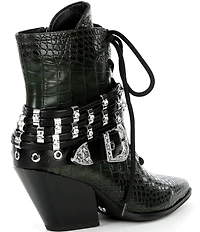 Azalea Wang Javelin Croc Embossed Buckle Harness Hardware Western Booties