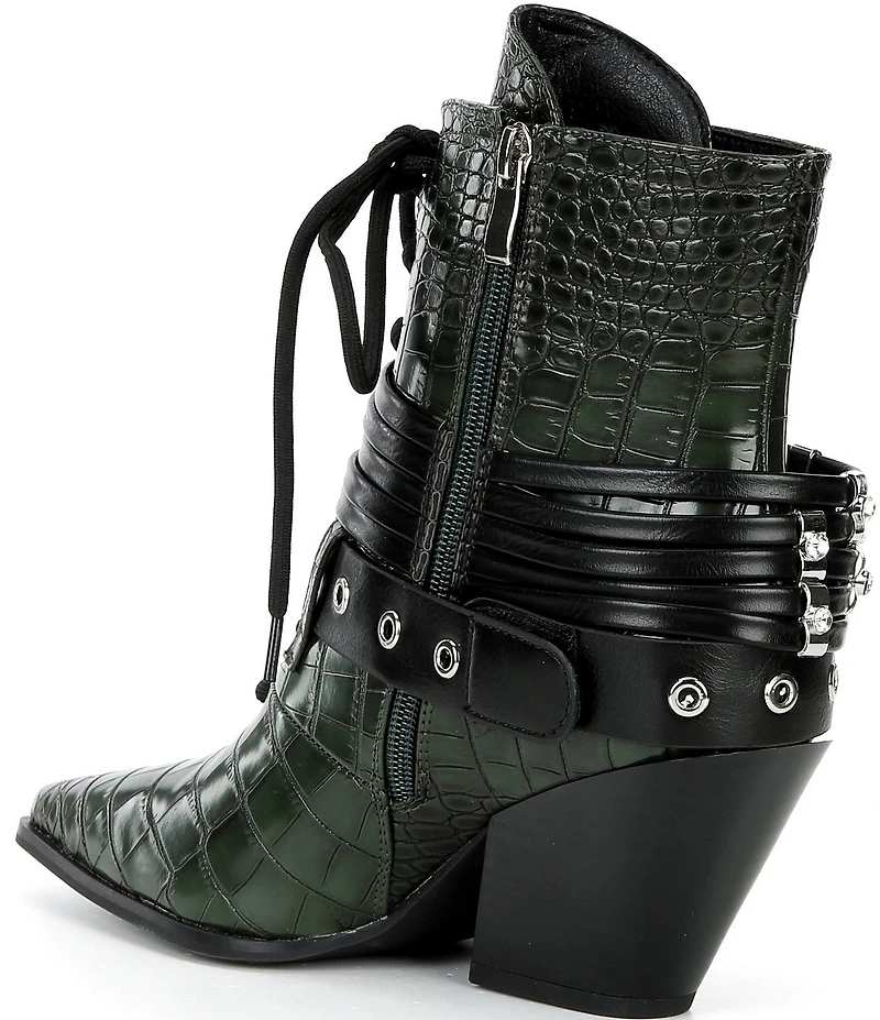 Azalea Wang Javelin Croc Embossed Buckle Harness Hardware Western Booties
