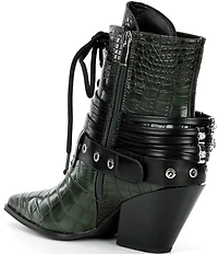 Azalea Wang Javelin Croc Embossed Buckle Harness Hardware Western Booties