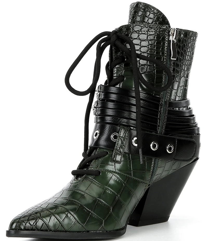 Azalea Wang Javelin Croc Embossed Buckle Harness Hardware Western Booties