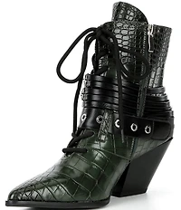 Azalea Wang Javelin Croc Embossed Buckle Harness Hardware Western Booties
