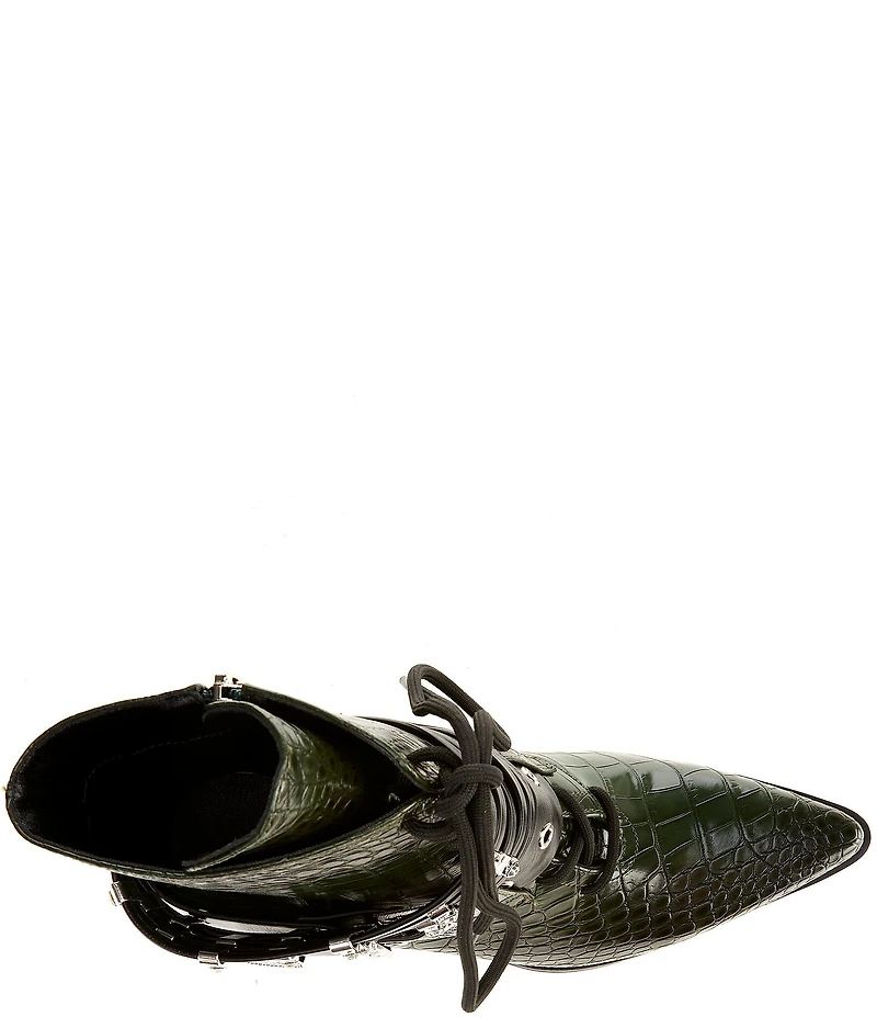 Azalea Wang Javelin Croc Embossed Buckle Harness Hardware Western Booties