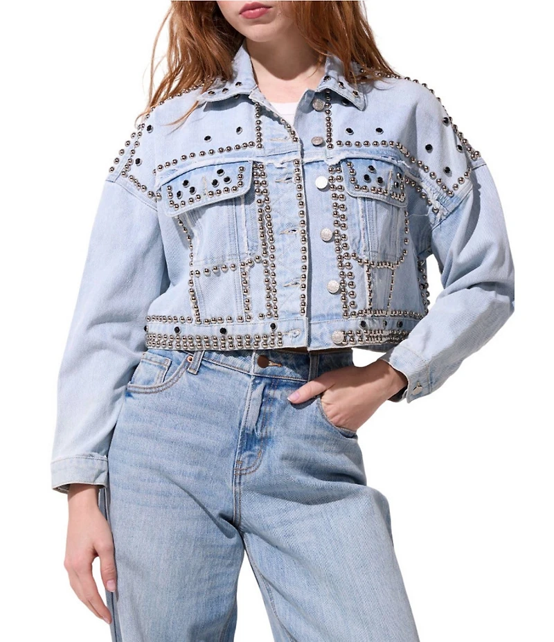 Azalea Wang Jazella Studded Point Collar Denim Cropped Jacket