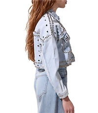 Azalea Wang Jazella Studded Point Collar Denim Cropped Jacket