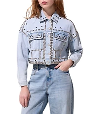 Azalea Wang Jazella Studded Point Collar Denim Cropped Jacket