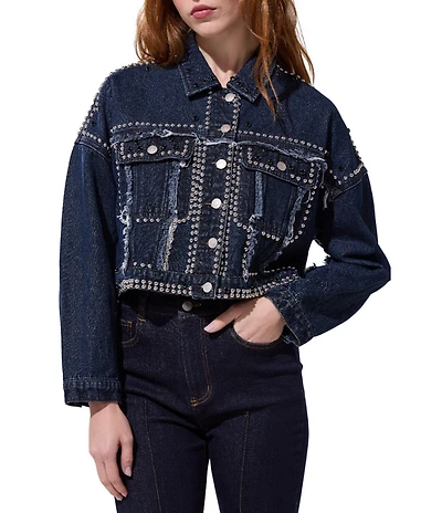 Azalea Wang Jazella Studded Point Collar Denim Cropped Jacket