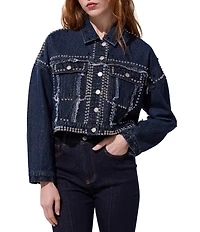 Azalea Wang Jazella Studded Point Collar Denim Cropped Jacket