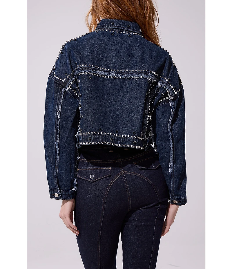 Azalea Wang Jazella Studded Point Collar Denim Cropped Jacket