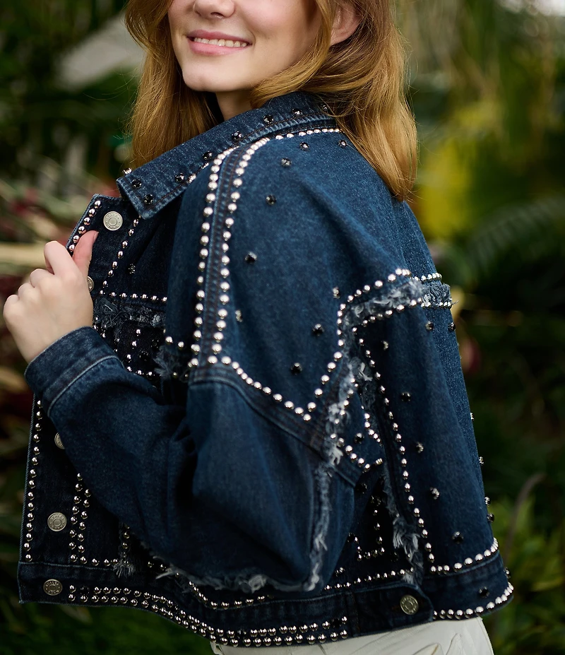 Azalea Wang Jazella Studded Point Collar Denim Cropped Jacket