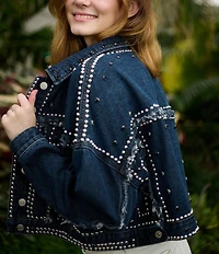 Azalea Wang Jazella Studded Point Collar Denim Cropped Jacket