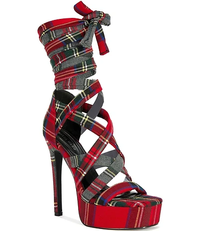 Azalea Wang Jemisha Plaid Wraparound Ankle Tie Platform Sandals