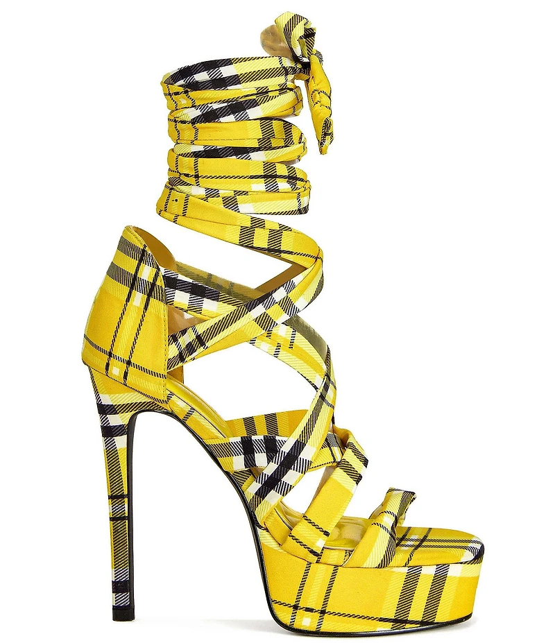 Azalea Wang Jemisha Plaid Wraparound Ankle Tie Platform Sandals