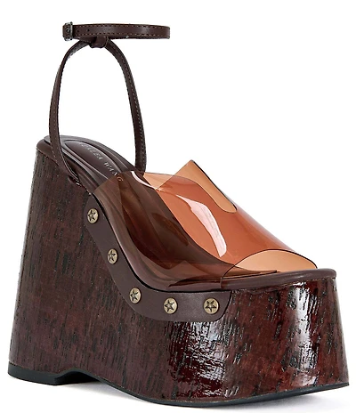 Azalea Wang Jenza Tinted Vinyl Studded Cork Platform Wedge Sandals