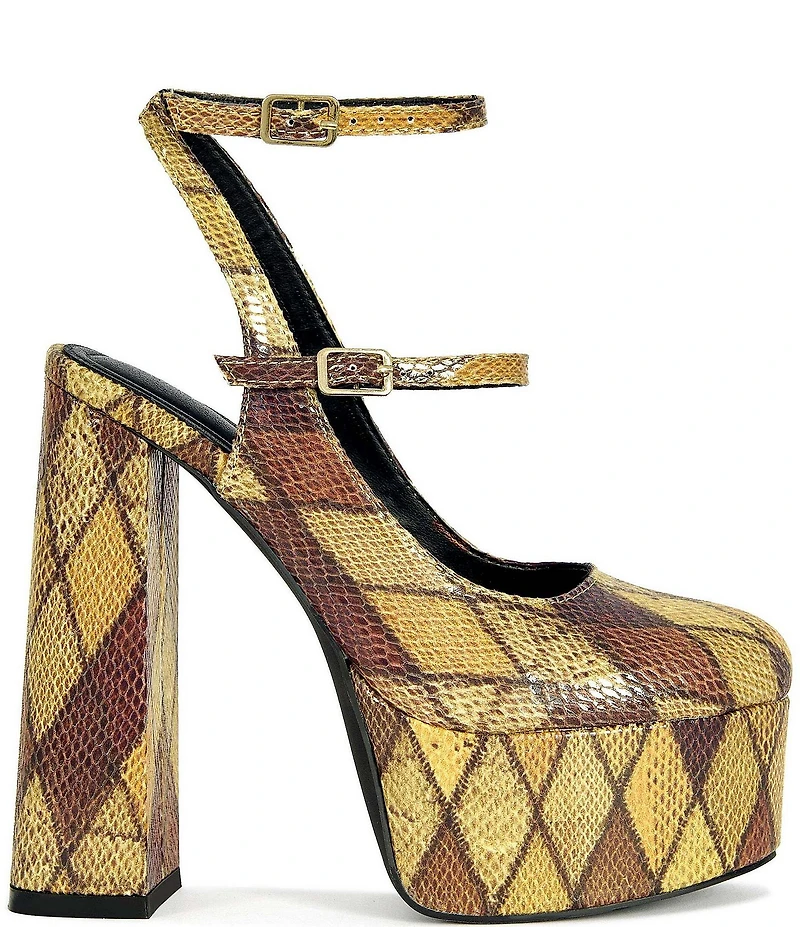 Azalea Wang Juliara Multi Snake Print Harlequin Stitch Ankle Strap Platform Pumps