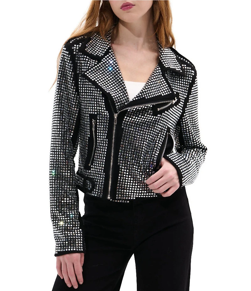 Azalea Wang Juniper Faux Leather Studded Notch Collar Cropped Motorcycle Zip Jacket