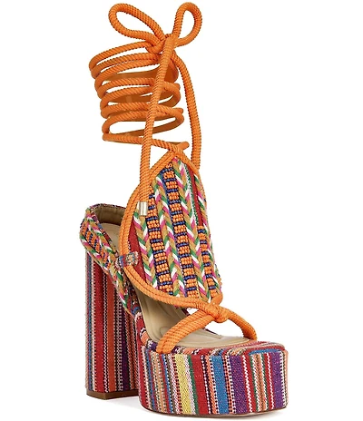 Azalea Wang Kalina Woven Beaded Ankle Tie Serape Stripe Platform Block Heel Sandals