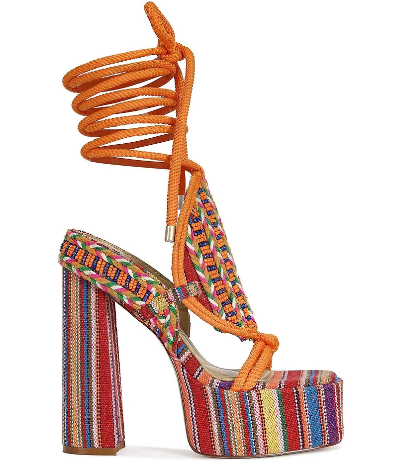 Azalea Wang Kalina Woven Beaded Ankle Tie Serape Stripe Platform Block Heel Sandals