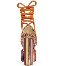 Azalea Wang Kalina Woven Beaded Ankle Tie Serape Stripe Platform Block Heel Sandals