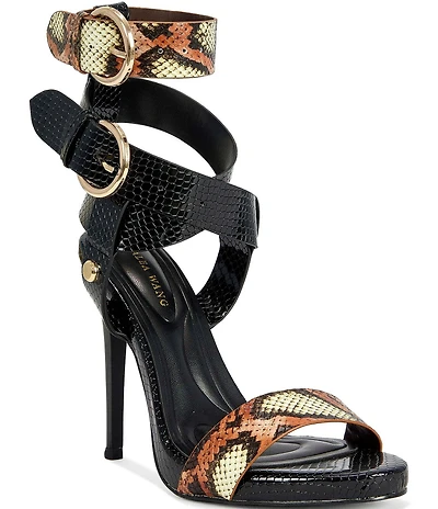 Azalea Wang Kandinsky Mixed Snake Print Ankle Strap Stiletto Sandals