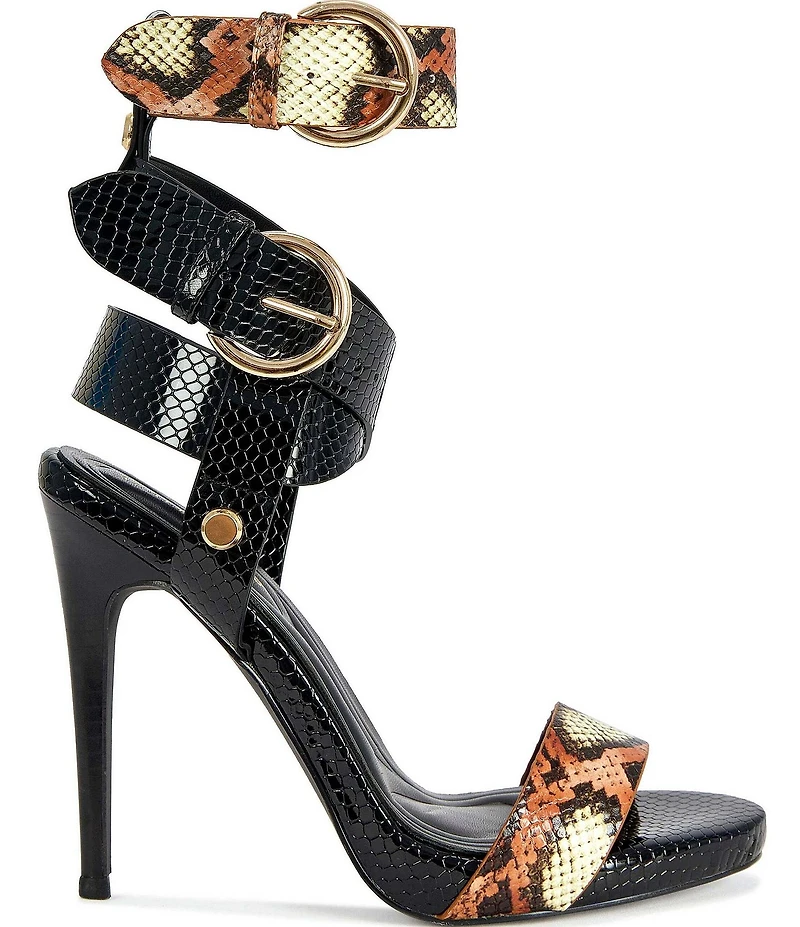Azalea Wang Kandinsky Mixed Snake Print Ankle Strap Stiletto Sandals