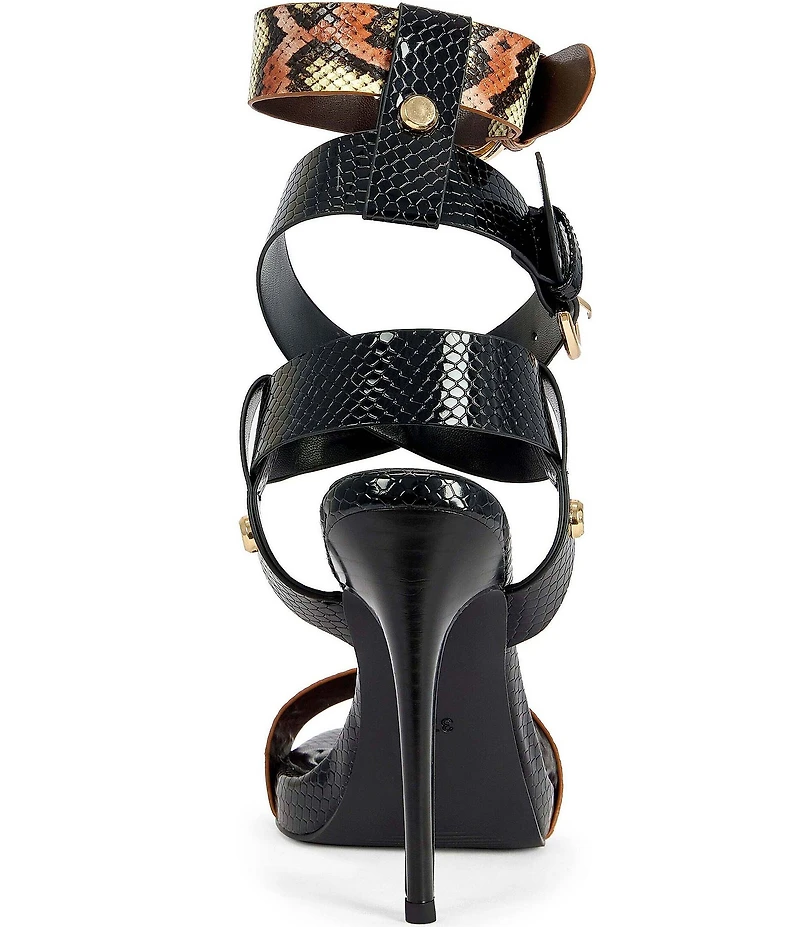 Azalea Wang Kandinsky Mixed Snake Print Ankle Strap Stiletto Sandals
