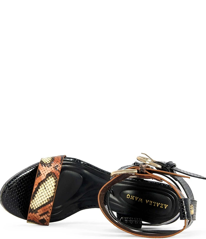 Azalea Wang Kandinsky Mixed Snake Print Ankle Strap Stiletto Sandals