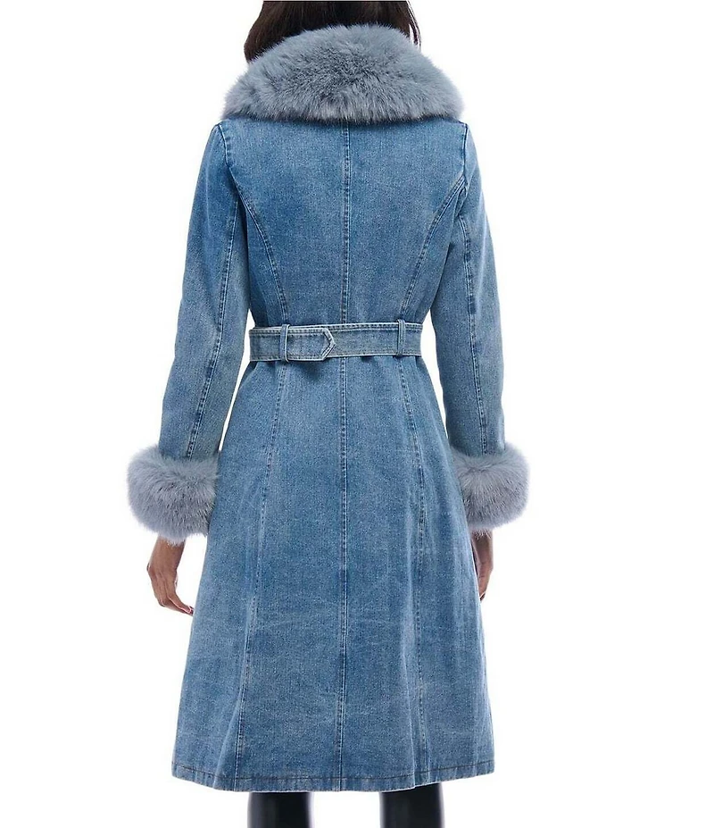 Azalea Wang Kaya Denim Faux Fur Collared Trench Coat