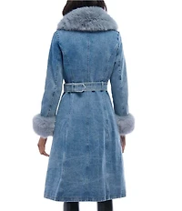 Azalea Wang Kaya Denim Faux Fur Collared Trench Coat