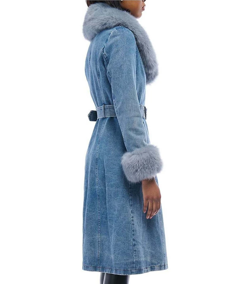 Azalea Wang Kaya Denim Faux Fur Collared Trench Coat