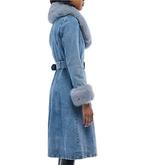 Azalea Wang Kaya Denim Faux Fur Collared Trench Coat