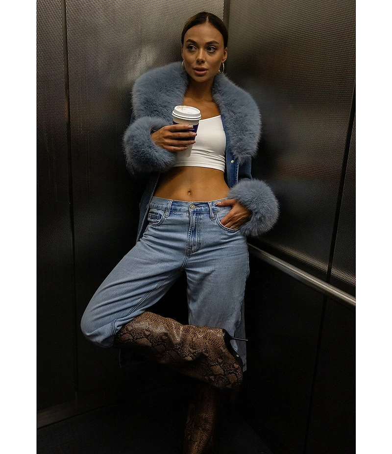 Azalea Wang Kaya Denim Faux Fur Collared Trench Coat