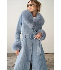 Azalea Wang Kaya Denim Faux Fur Collared Trench Coat