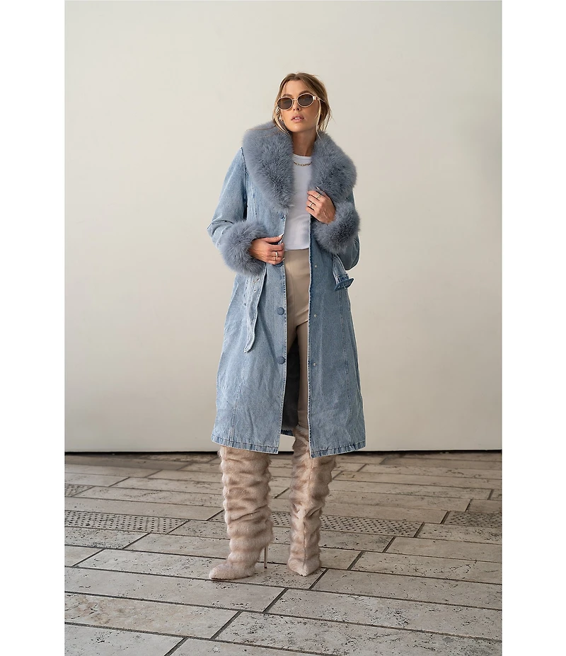 Azalea Wang Kaya Denim Faux Fur Collared Trench Coat