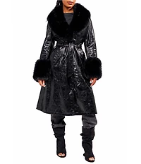 Azalea Wang Kaya Open Lapel Belted Faux Leather Trench Coat