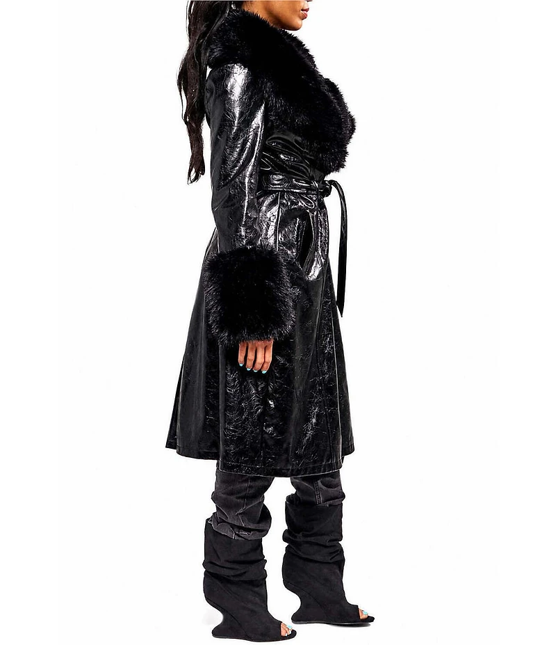 Azalea Wang Kaya Open Lapel Belted Faux Leather Trench Coat