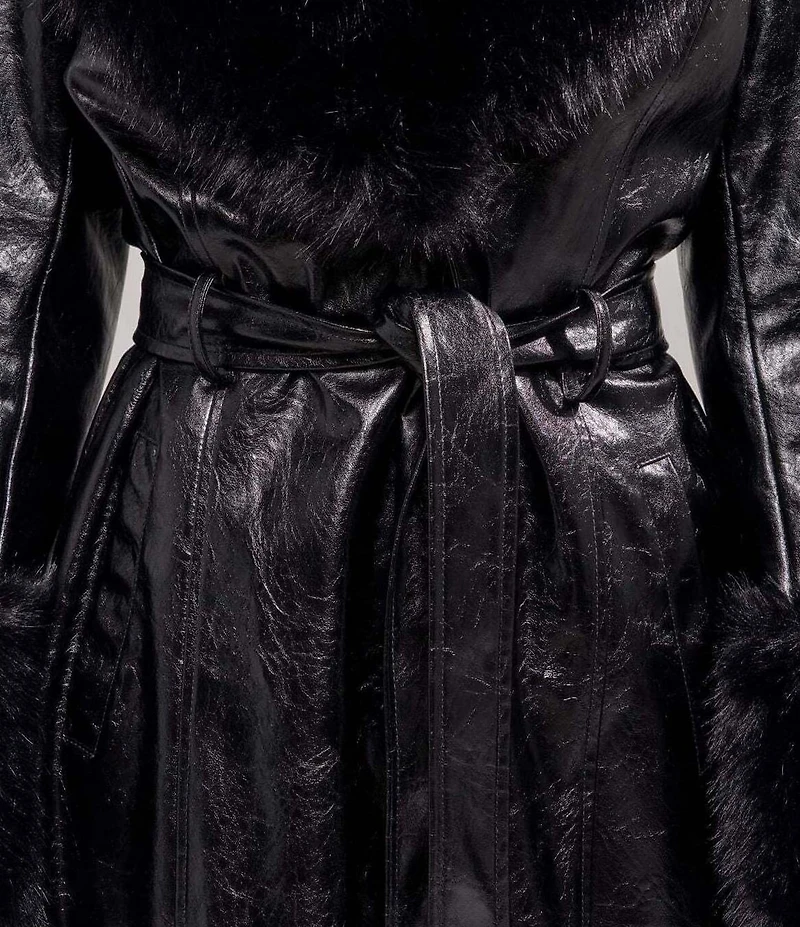 Azalea Wang Kaya Open Lapel Belted Faux Leather Trench Coat