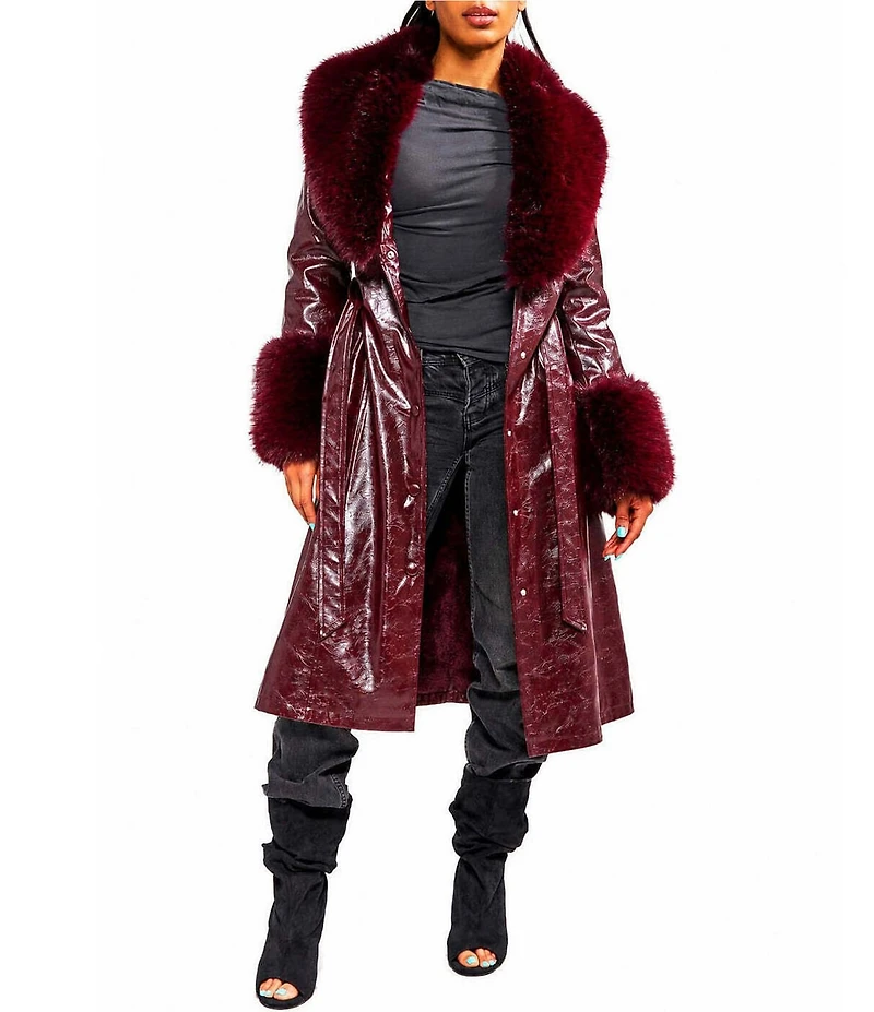 Azalea Wang Kaya Open Lapel Belted Faux Leather Trench Coat